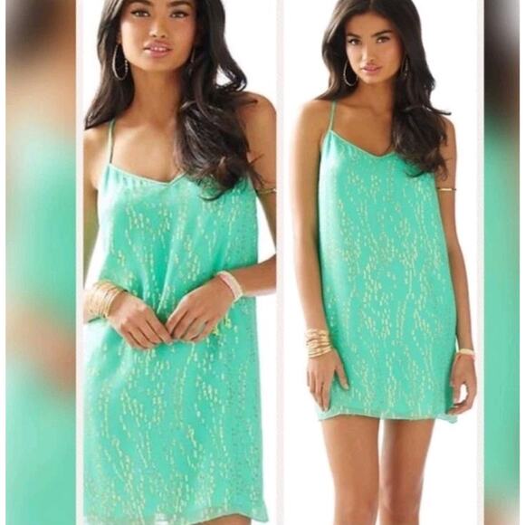 Lilly Pulitzer Dusk Silk Slip Dress Women Mint Gold Metallic Tropical Vacation S - Picture 2 of 16